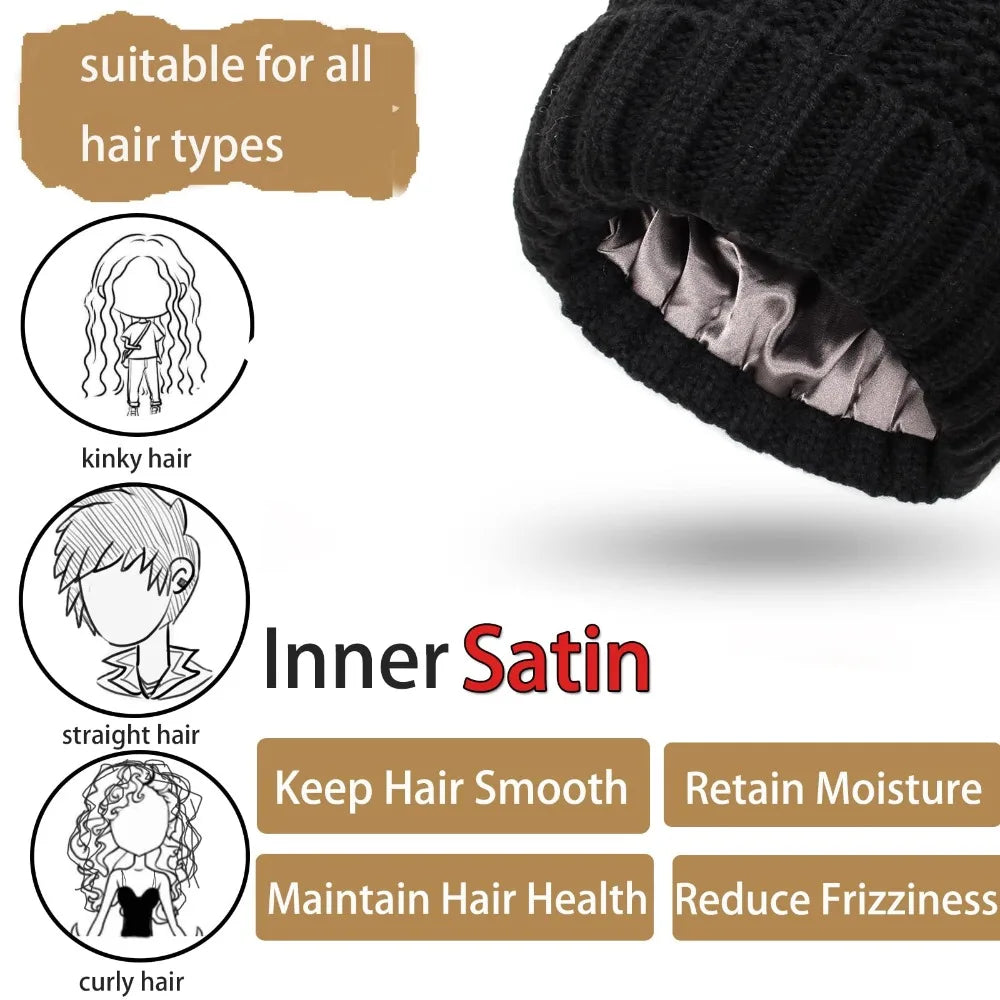 Satin Lined Beanie - Stretchy Knitted Wool Winter Hat for Women and Men