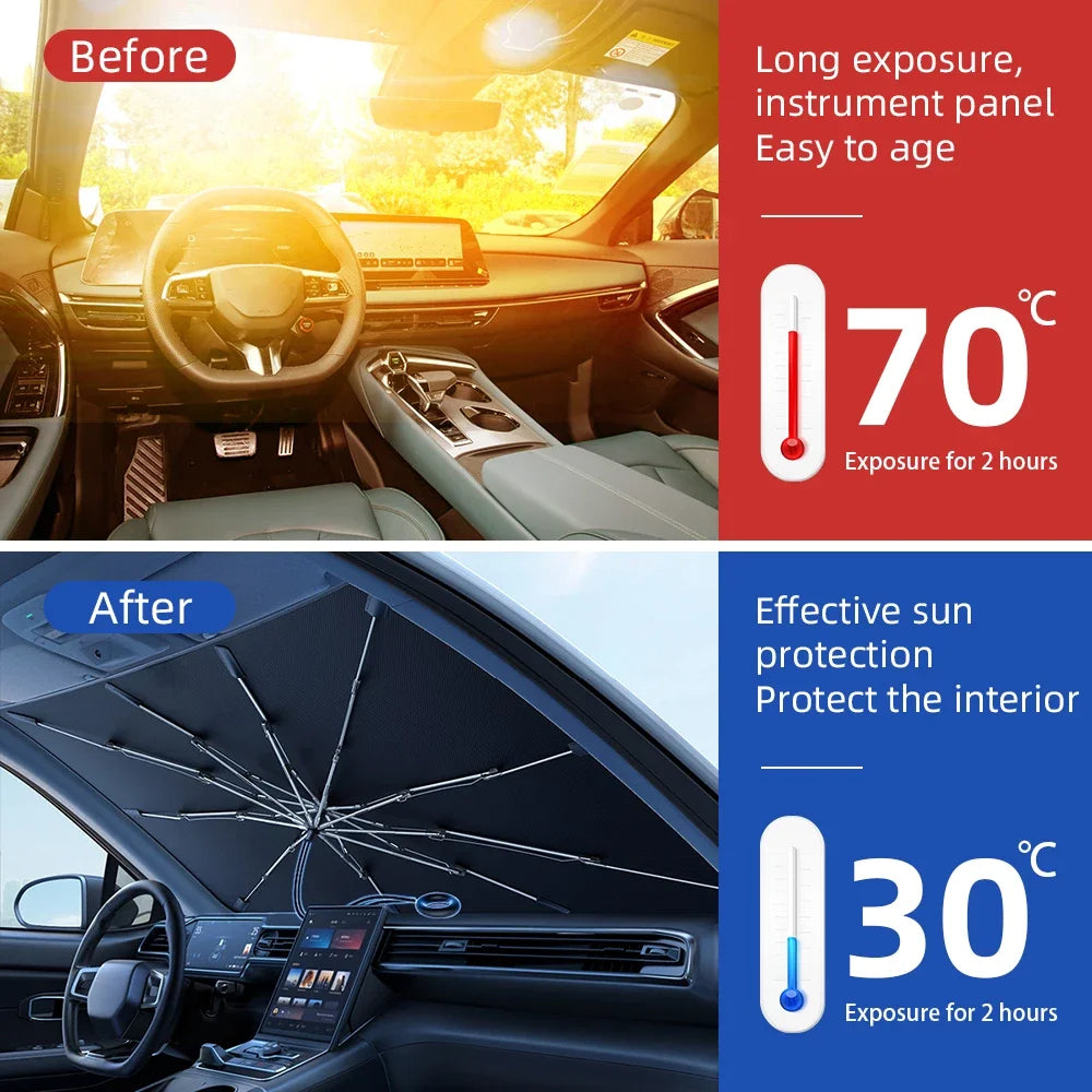 Car Windshield Sunshade Umbrella - Folding UV Reflective Front Window Sun Shade and Heat Blocker