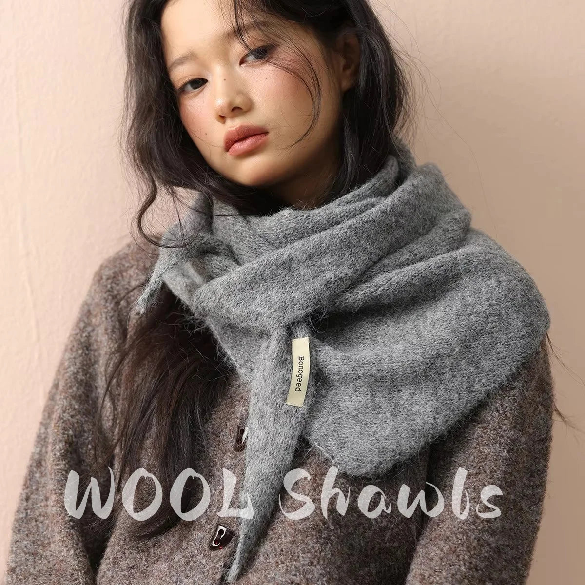 Wool Winter Scarf - Warm Knit Triangle Wrap in Nine Colourways, 180cm