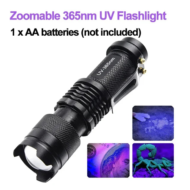 LED UV Flashlight - Zoomable 365nm and 395nm Blacklight Torch, Pocket Size