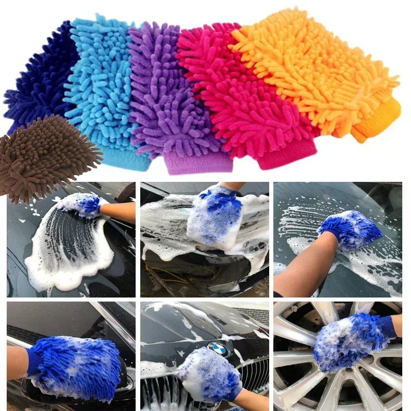 Chenille Car Wash Mitt - Double-Sided Microfibre Wash and Dust Glove Multipack