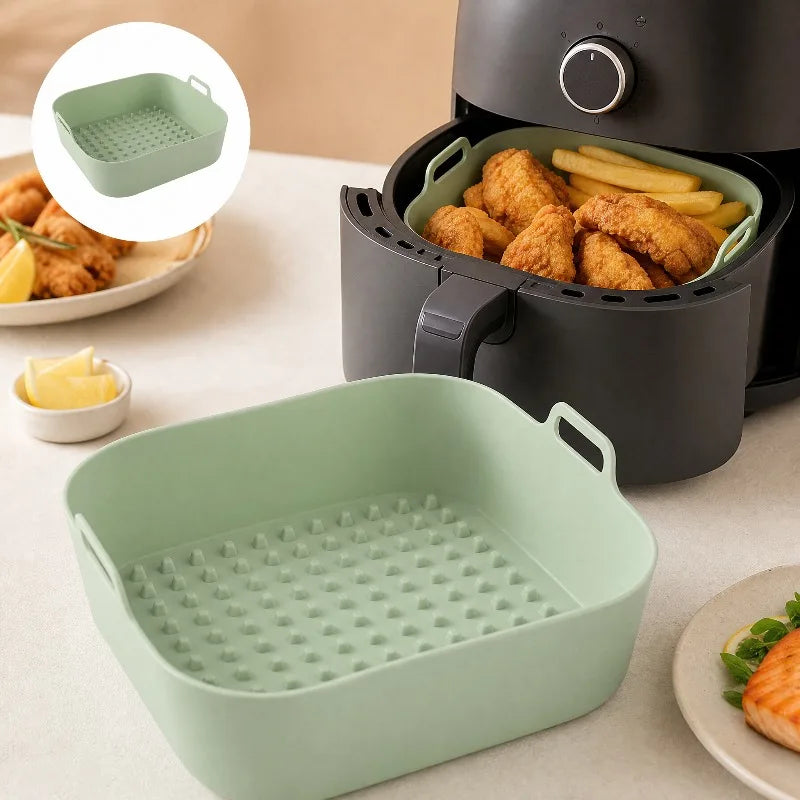 Reusable Silicone Air Fryer Liner - Square Basket Tray with Handles, Non-Stick and Dishwasher Safe