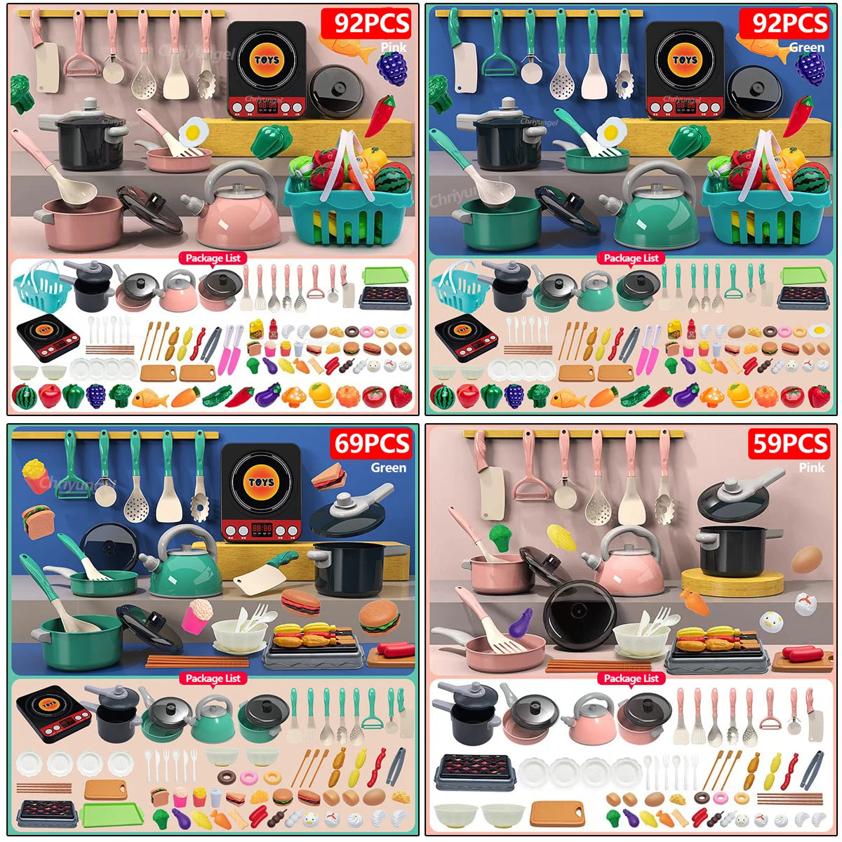Kids Kitchen Toy Set - 59, 69 or 92 Piece Play Kitchen in Pink or Green