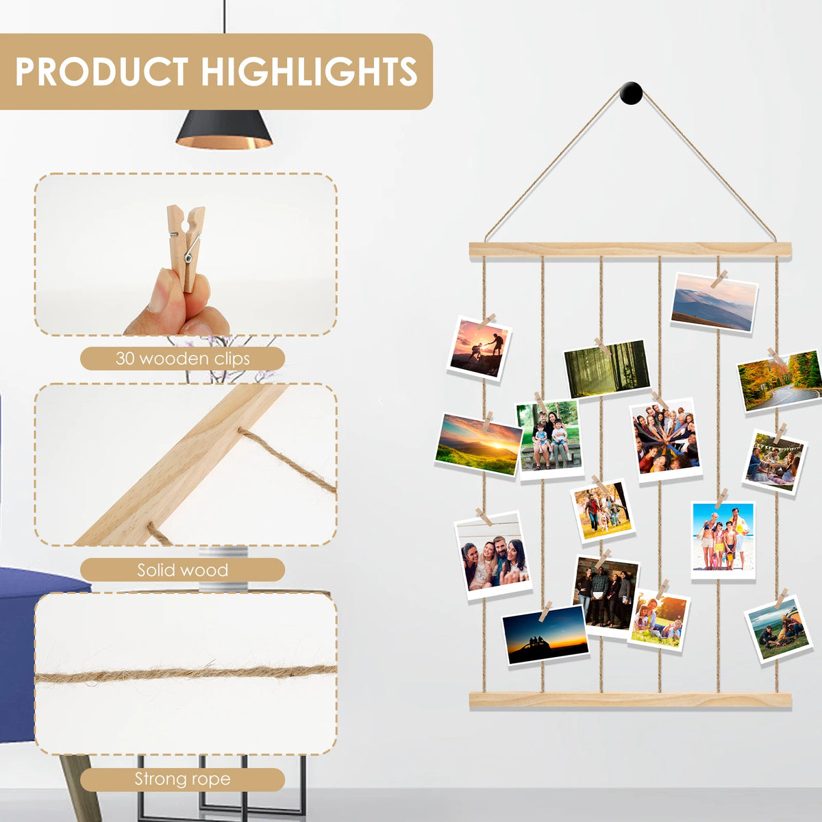 Hanging Photo Display Holder - Wood Finish Picture Hanger for Home Decor