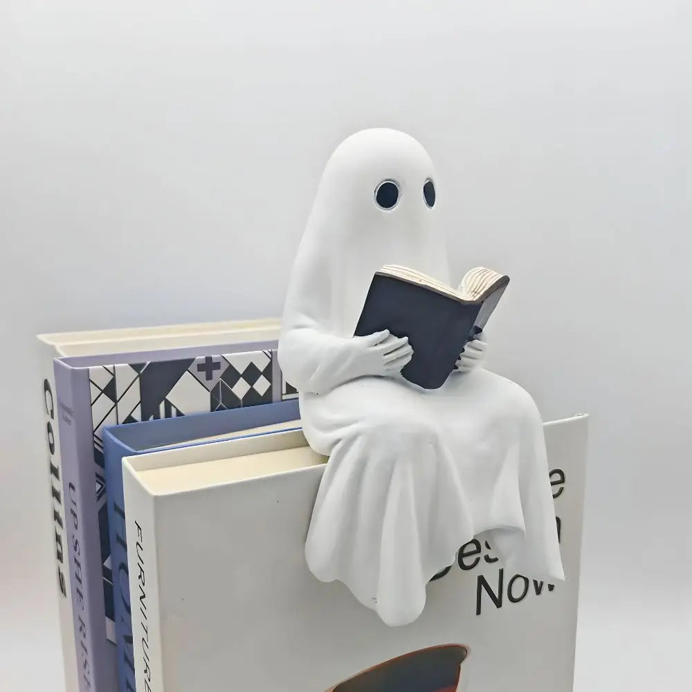 Reading Ghost Statue - White Resin Halloween Ornament for Shelves and Desks