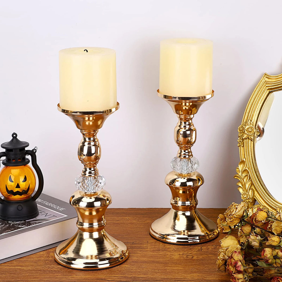 Gold Metal Pillar Candle Holders - Crystal Accent Stands for Table Centrepieces
