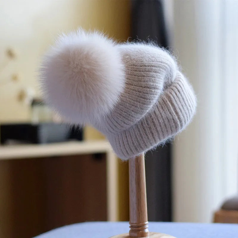 Fox Fur Pom-Pom Beanie - Knitted Cashmere Winter Hat for Women, 14 Colours