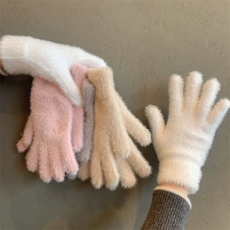 Velvet Winter Gloves - Plush Five Finger Gloves for Women in 4 Colours