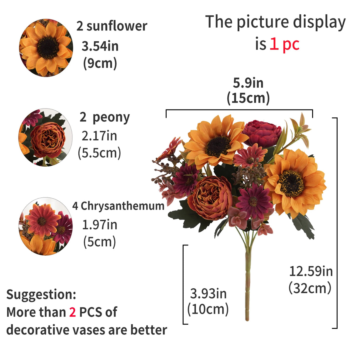 Artificial Sunflower Bouquet - Silk Faux Sunflowers and Peonies for Fall Decor