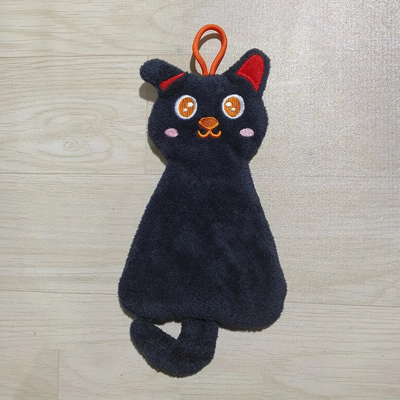 Cartoon Cat Hand Towel - Absorbent Coral Fleece Towel with Hanging Loop