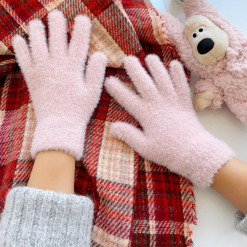 Velvet Winter Gloves - Plush Five Finger Gloves for Women in 4 Colours