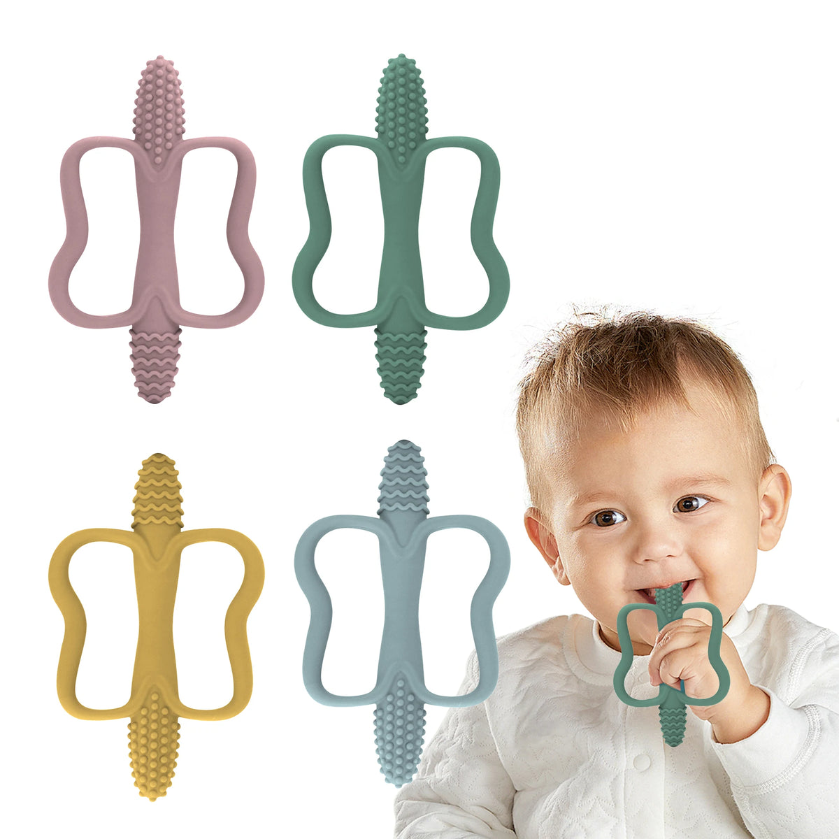 Silicone Teething Stick - Corn Shaped Baby Teether with Handle, 6 Colours