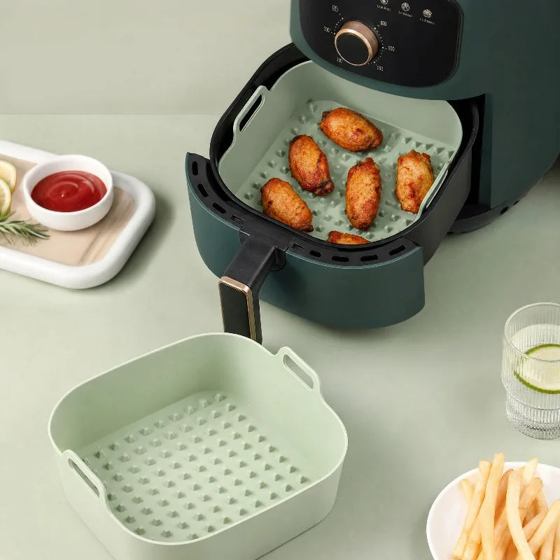 Reusable Silicone Air Fryer Liner - Square Basket Tray with Handles, Non-Stick and Dishwasher Safe