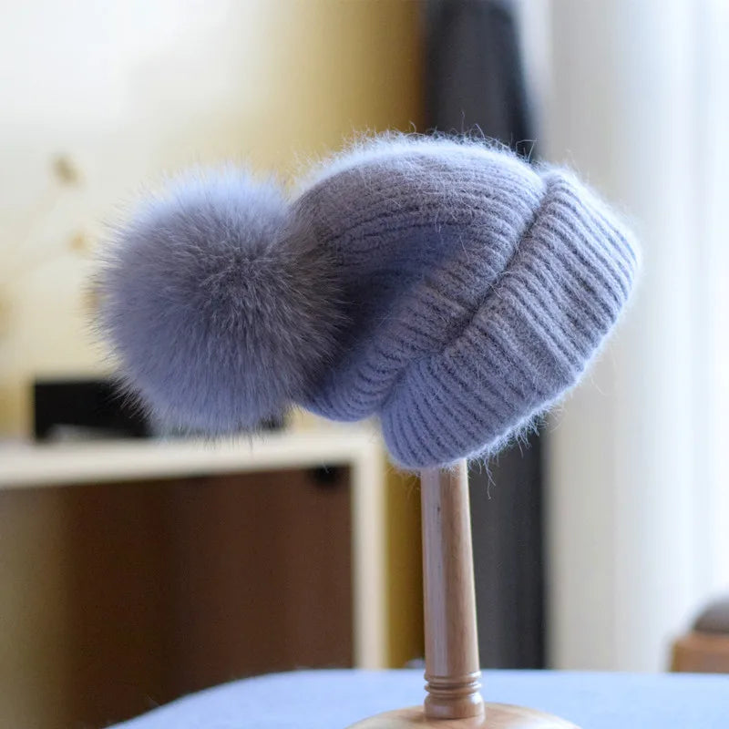 Fox Fur Pom-Pom Beanie - Knitted Cashmere Winter Hat for Women, 14 Colours