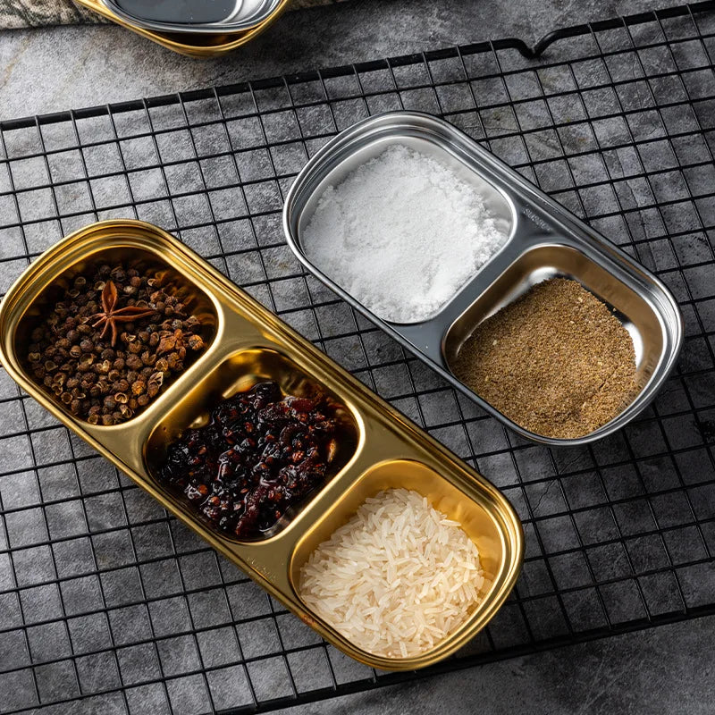 Stainless Steel Divided Dip Bowls - Sauce & Condiment Serving Trays