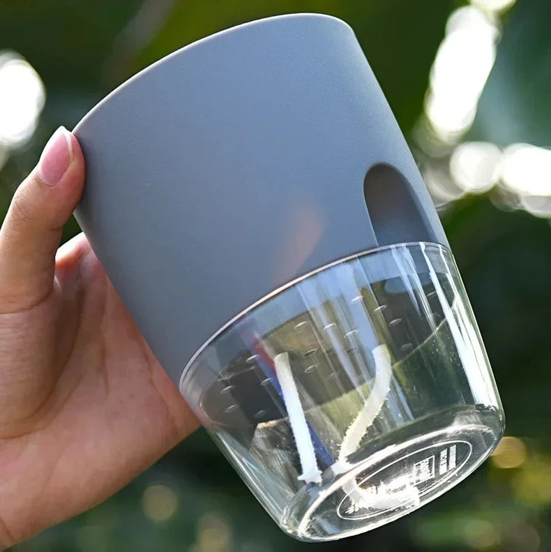 Self-Watering Plant Pot - Clear Double Layer Flowerpot with Cotton Wick and Fill Port