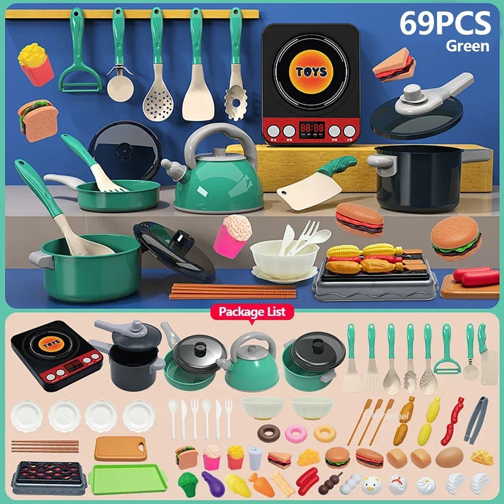 Kids Kitchen Toy Set - 59, 69 or 92 Piece Play Kitchen in Pink or Green