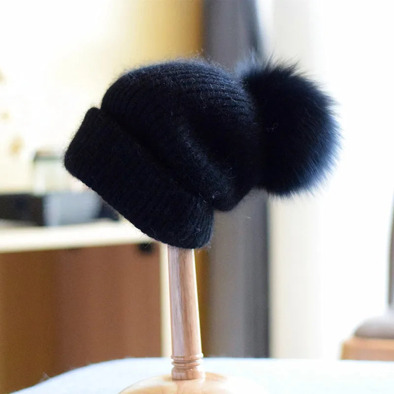 Fox Fur Pom-Pom Beanie - Knitted Cashmere Winter Hat for Women, 14 Colours