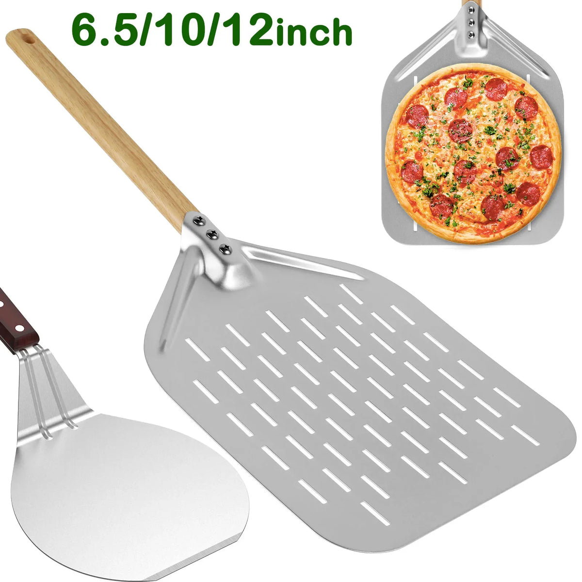 Metal Pizza Peel with Wood Handle - Non-Stick Pizza Shovel, 6.5"/10"/12"
