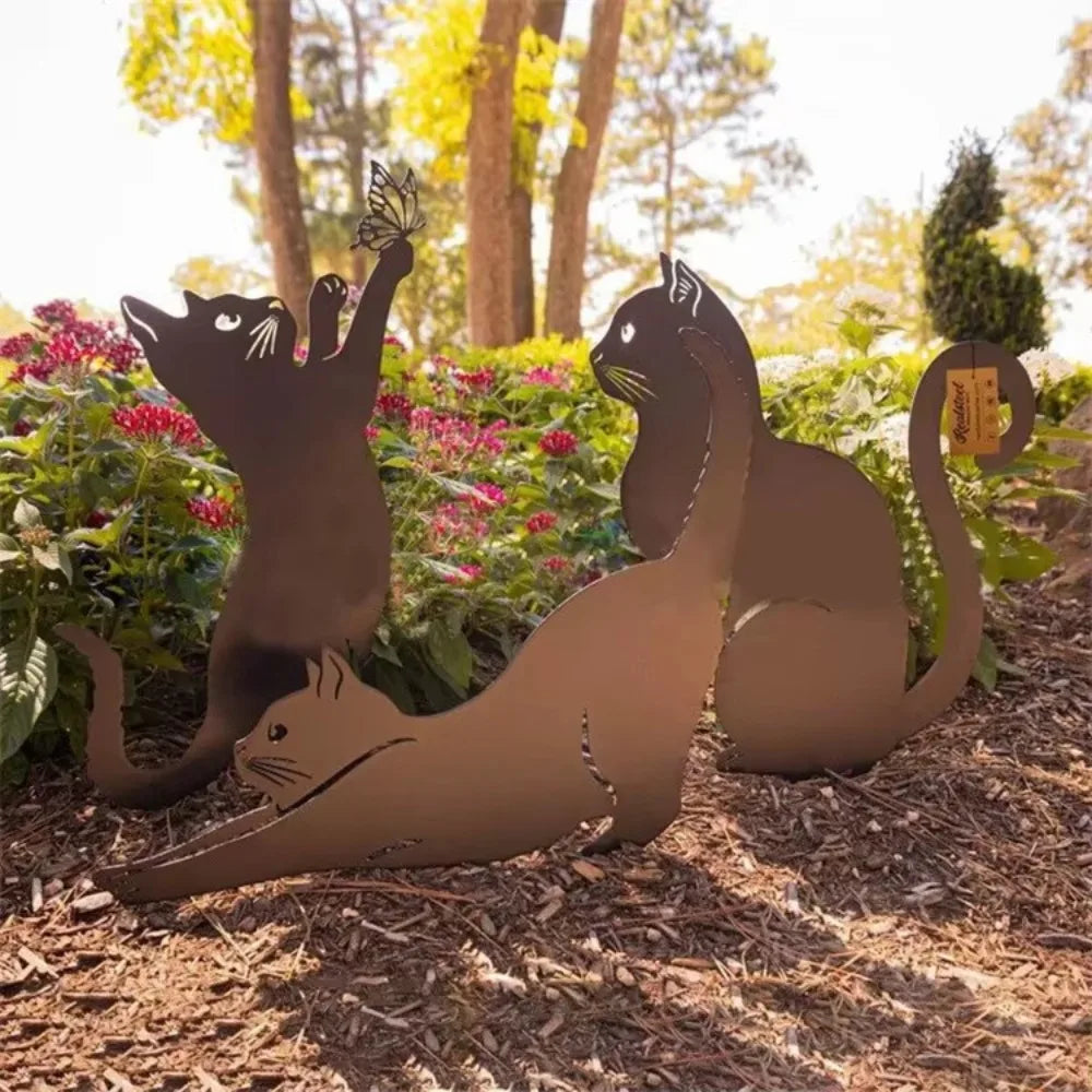 Cat Garden Stakes - Metal Silhouette Lawn Ornaments for Patios, Beds and Borders