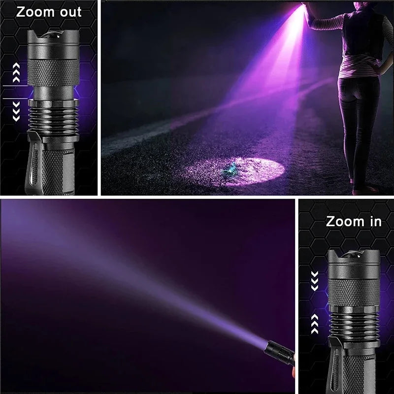 LED UV Flashlight - Zoomable 365nm and 395nm Blacklight Torch, Pocket Size