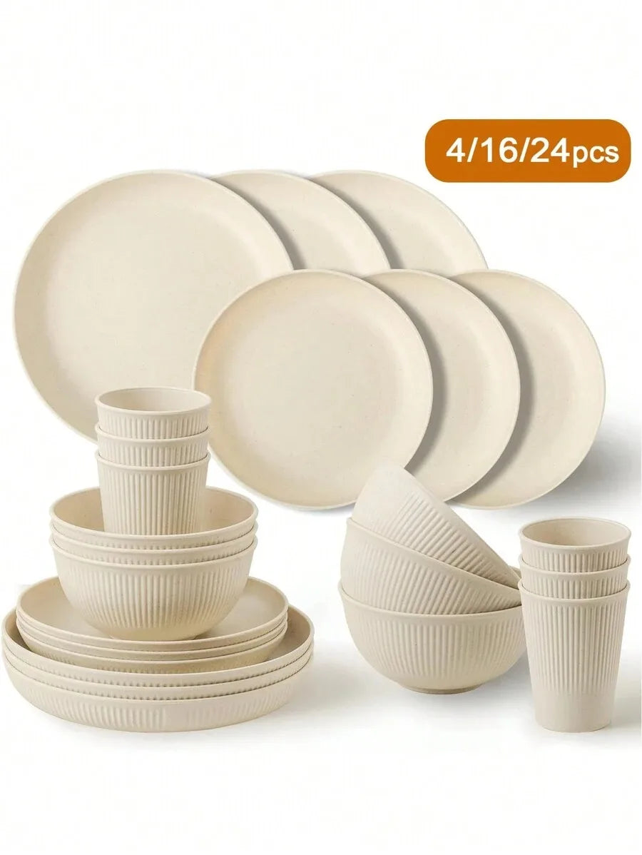 Reusable Plastic Dinnerware Set - Cups, Plates and Bowls for Camping and Dorms