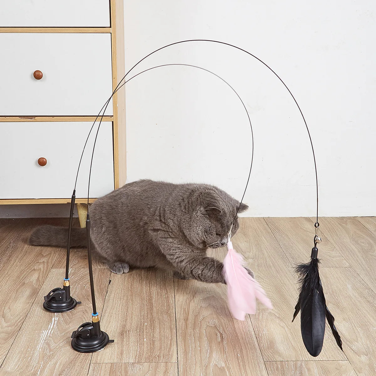 Cat Teaser Wand with Suction Cup - Interactive Feather Toy with Replaceable Heads