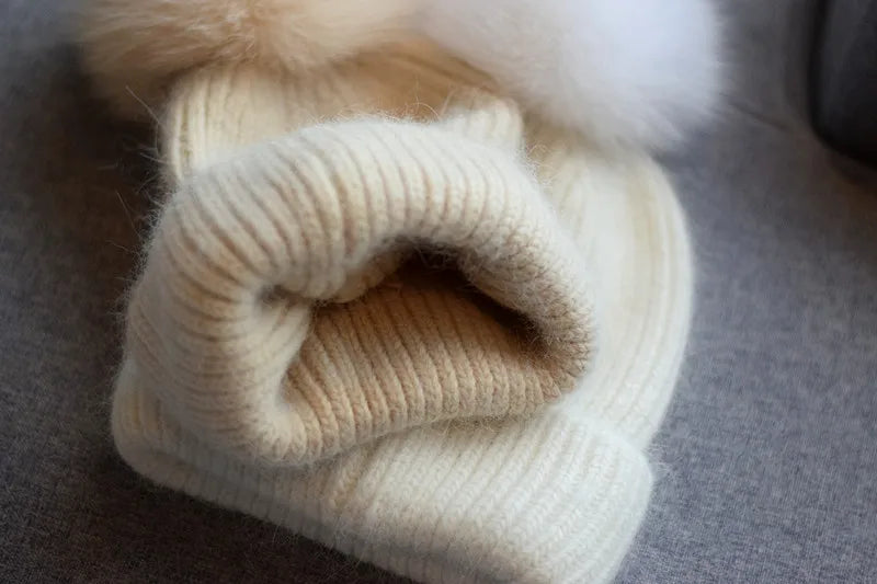Fox Fur Pom-Pom Beanie - Knitted Cashmere Winter Hat for Women, 14 Colours