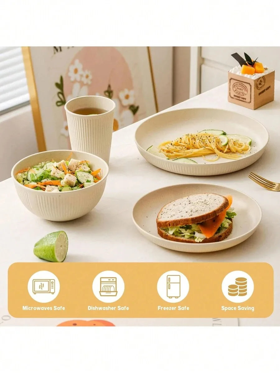 Reusable Plastic Dinnerware Set - Cups, Plates and Bowls for Camping and Dorms