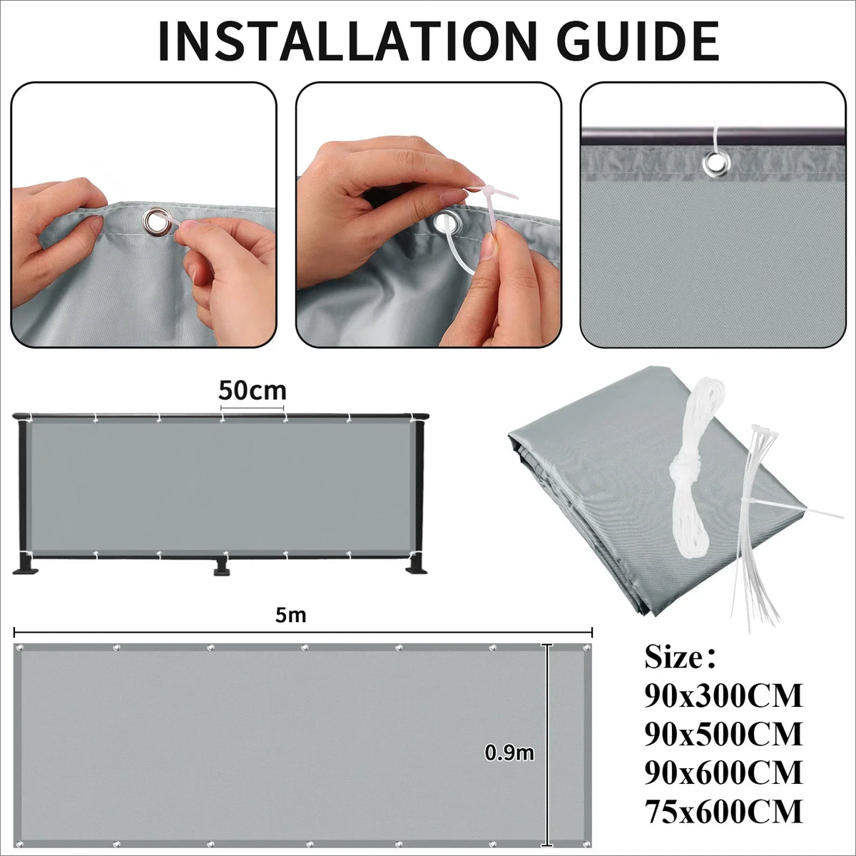 Balcony Privacy Screen - Waterproof Windscreen Shade Cloth with Grommets and Ties