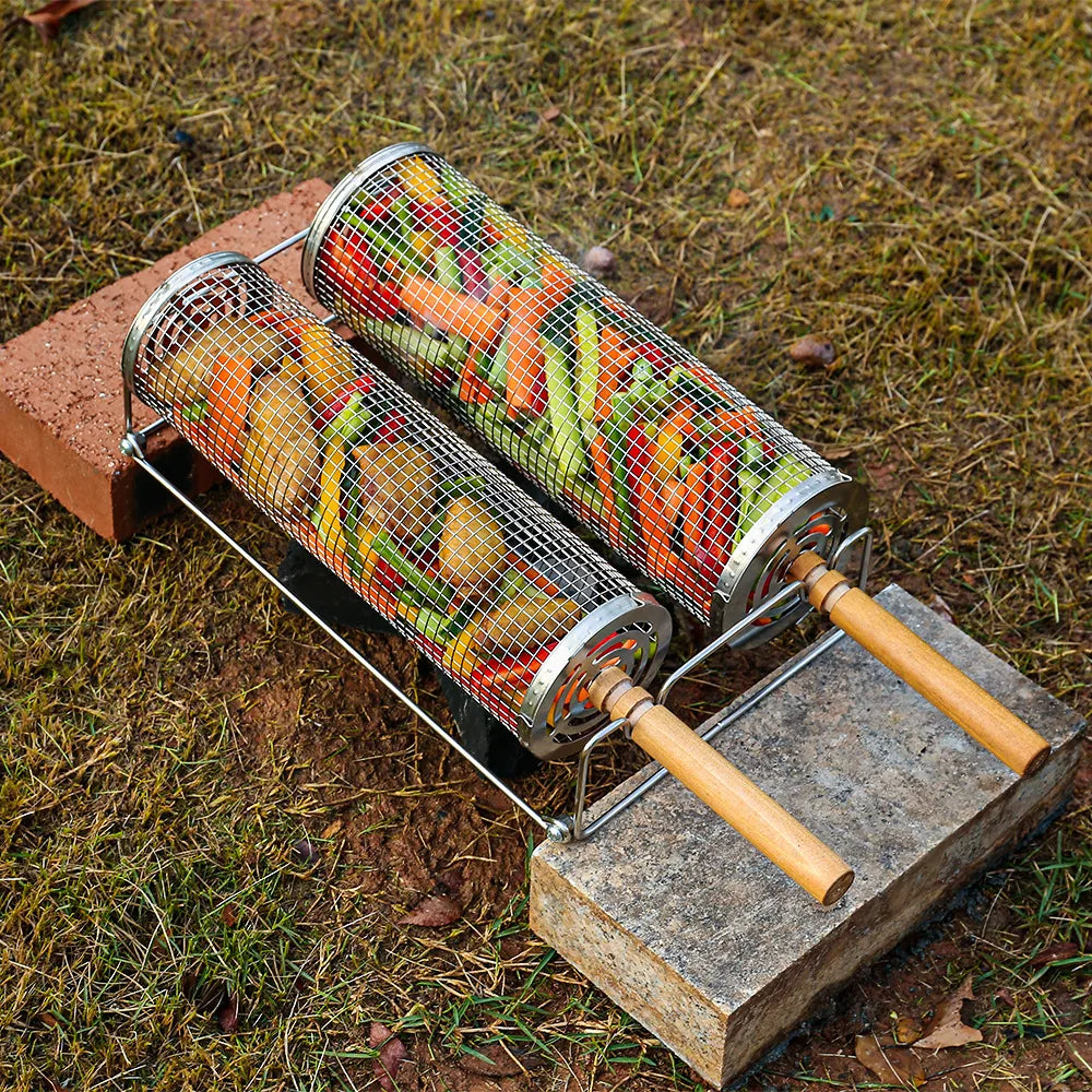 Rolling Grill Basket Set - Stainless Steel Mesh BBQ Basket with Wood Handle