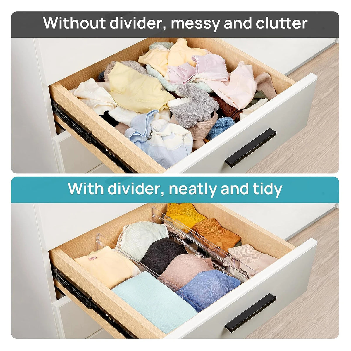 Drawer Dividers - Adjustable Clear Organisers for Clothes, Utensils and Office