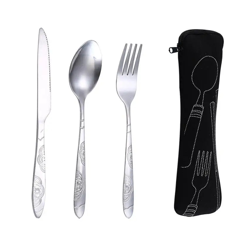 Stainless Steel Travel Cutlery Set - 3-Piece Camping Utensils with Zip Case