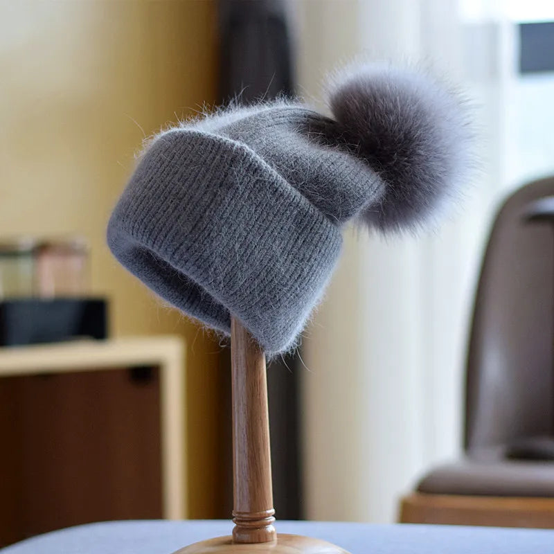 Fox Fur Pom-Pom Beanie - Knitted Cashmere Winter Hat for Women, 14 Colours