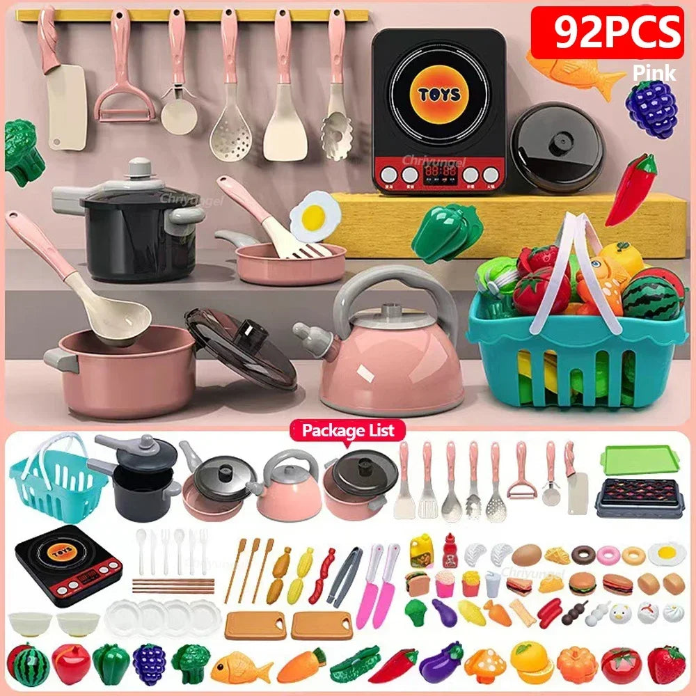 Kids Kitchen Toy Set - 59, 69 or 92 Piece Play Kitchen in Pink or Green