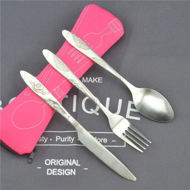 Stainless Steel Travel Cutlery Set - 3-Piece Camping Utensils with Zip Case
