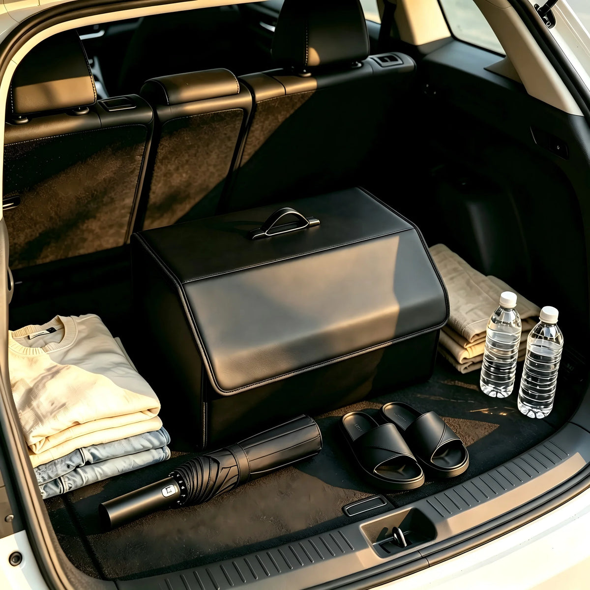 Collapsible Car Boot Organiser - PU Leather Trunk Storage Box with Removable Lid