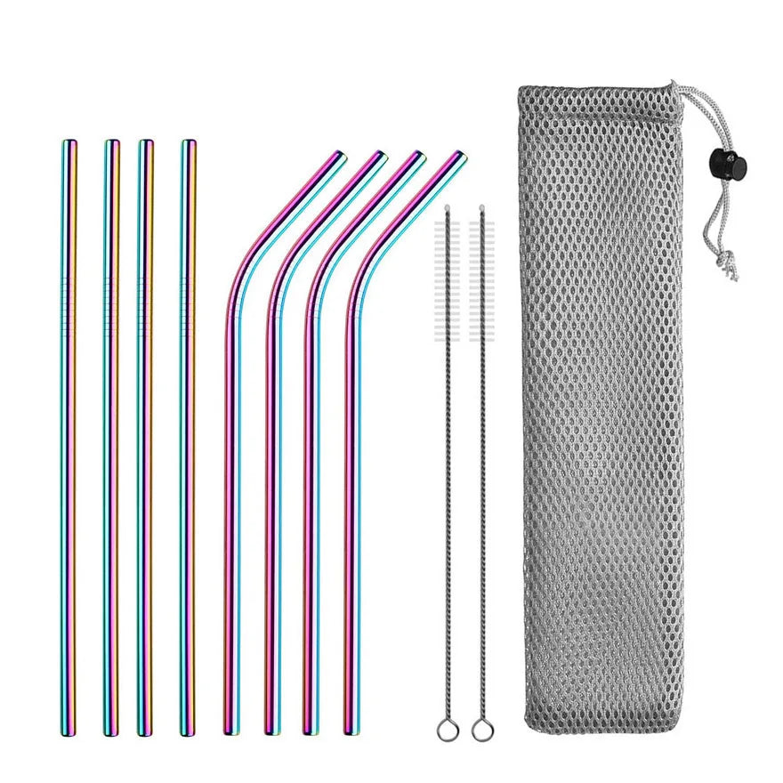 Reusable Stainless Steel Drinking Straws - Straight and Bent Metal Straw Set with Cleaning Brush