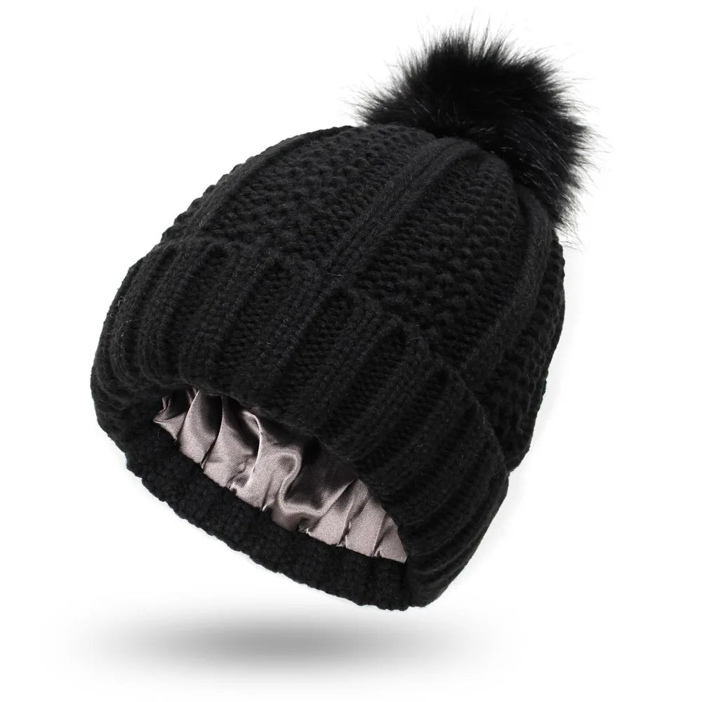 Satin Lined Beanie - Stretchy Knitted Wool Winter Hat for Women and Men