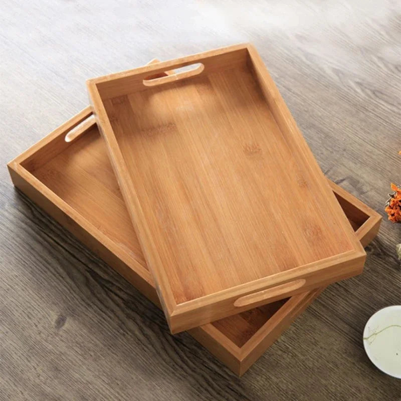 Bamboo Serving Tray with Handles - Rectangular Wooden Tea & Breakfast Tray