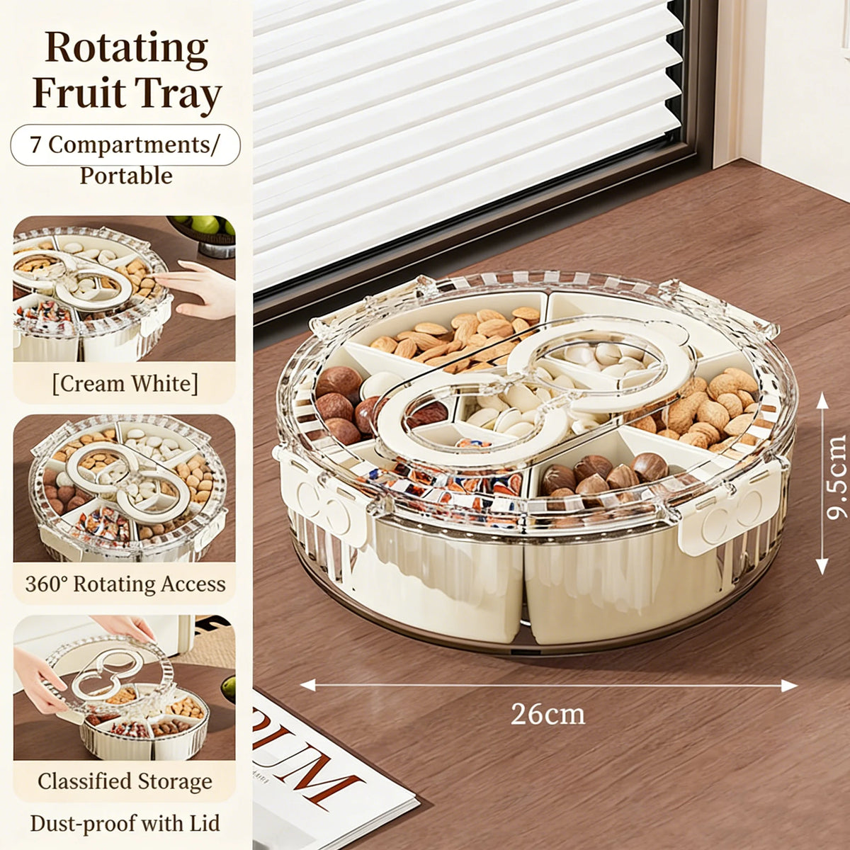 Rotating Snack Tray with Lid - Divided Serving Spinner for Charcuterie & Fruit