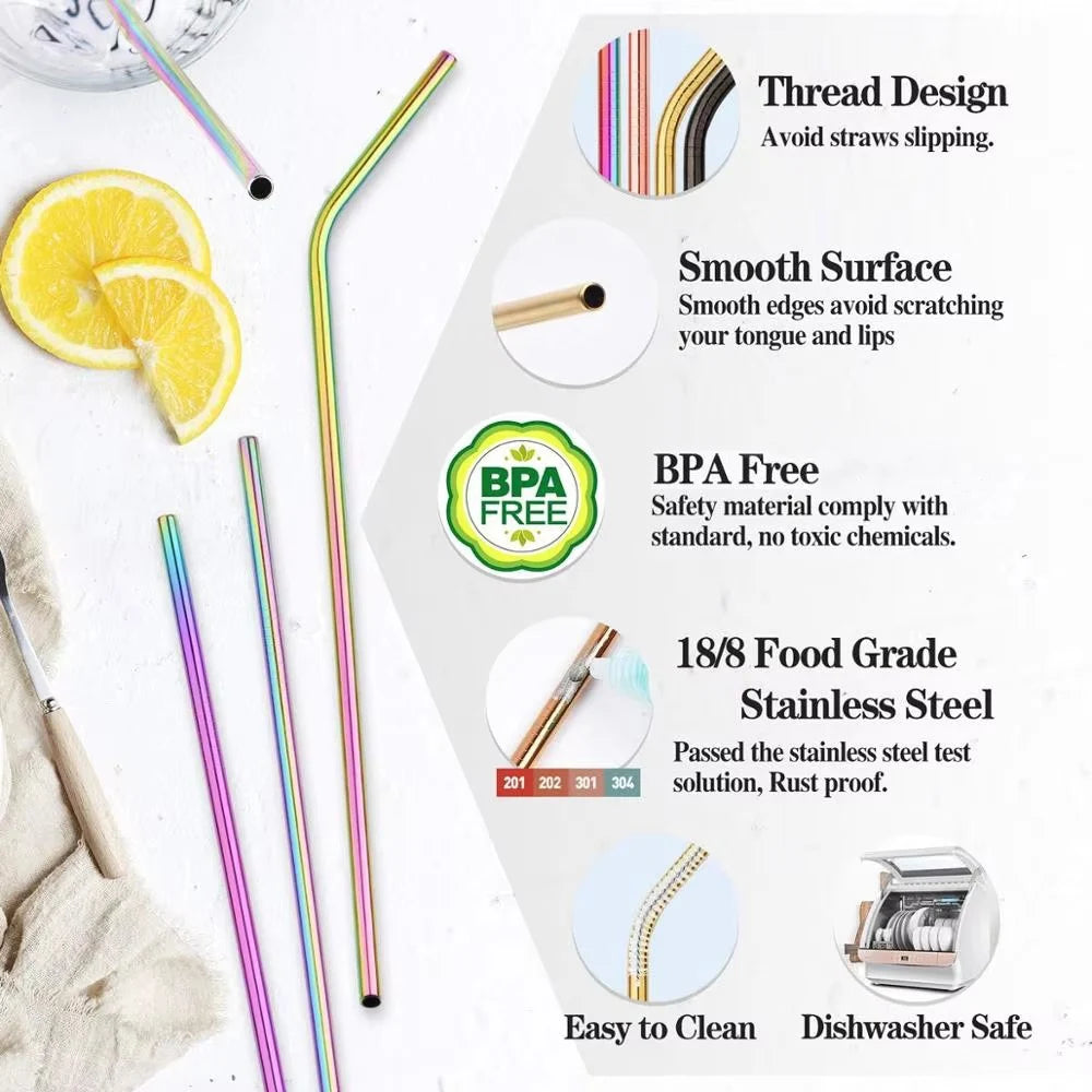 Reusable Stainless Steel Drinking Straws - Straight and Bent Metal Straw Set with Cleaning Brush