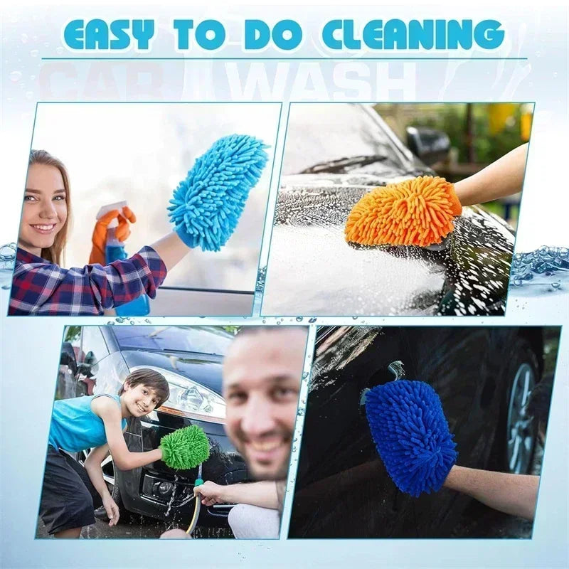 Chenille Car Wash Mitt - Double-Sided Microfibre Wash and Dust Glove Multipack