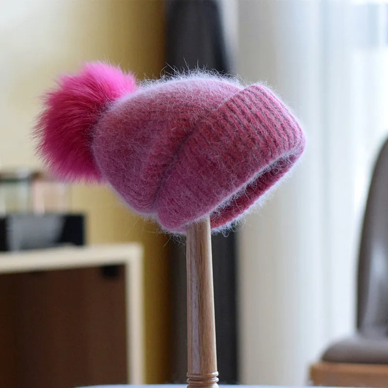 Fox Fur Pom-Pom Beanie - Knitted Cashmere Winter Hat for Women, 14 Colours