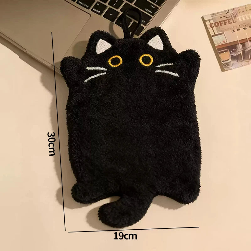 Cartoon Cat Hand Towel - Absorbent Coral Fleece Towel with Hanging Loop