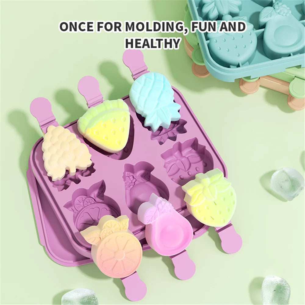 Silicone Popsicle Mold - 6 Hole Fruit Shaped Ice Lolly Tray, BPA Free