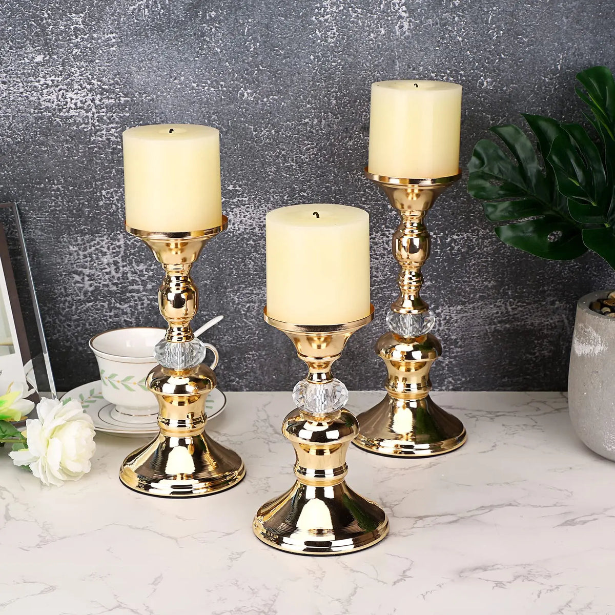 Gold Metal Pillar Candle Holders - Crystal Accent Stands for Table Centrepieces