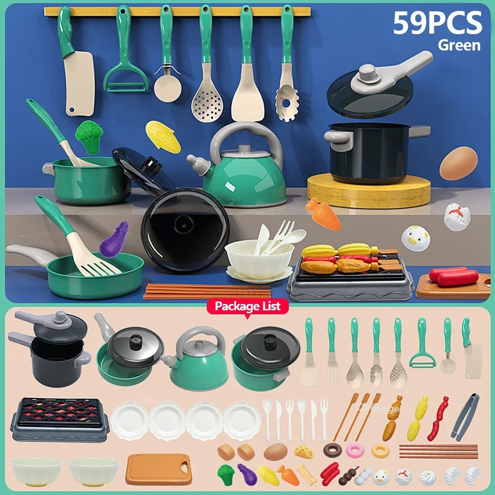 Kids Kitchen Toy Set - 59, 69 or 92 Piece Play Kitchen in Pink or Green
