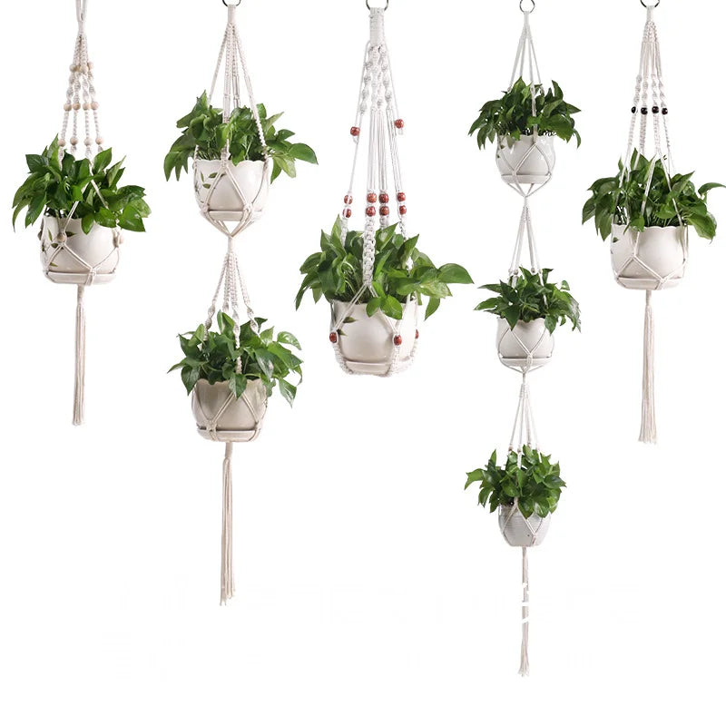 Macrame Plant Hanger - Handmade Knotted Rope Holder for Pots and Balcony Baskets