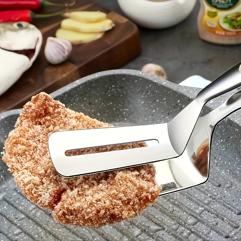 Stainless Steel Spatula with Clamp - 2-in-1 BBQ Tongs & Fish Turner